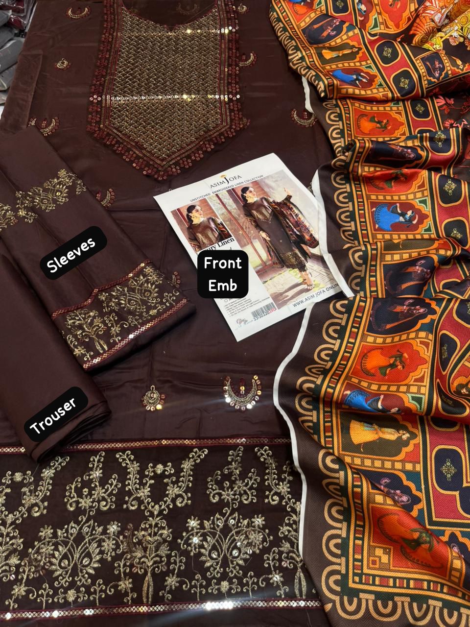 Asim jofa  Hit code Available on  Linen with Pashmina wool  shawl 3 Pcs Suit