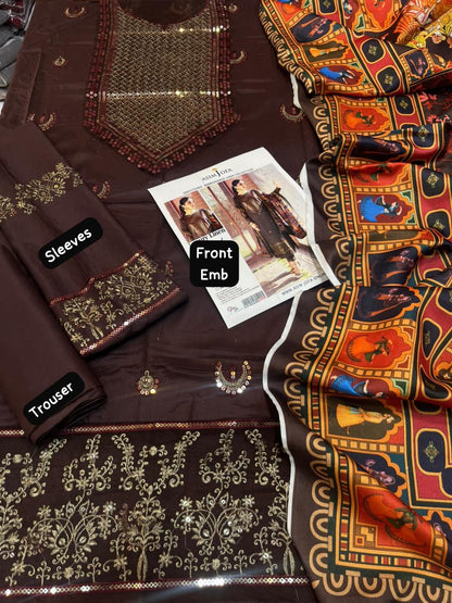 Asim jofa  Hit code Available on  Linen with Pashmina wool  shawl 3 Pcs Suit